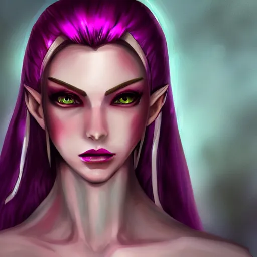 Image similar to portrait of a female high elf with magenta eyes and dark hair, digital art dnd beyond trending on art station 8 k