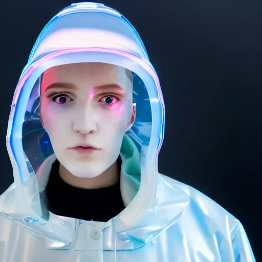 Image similar to an ultra high definition professional studio quality photograph of an artificially intelligent cyberpunk art influencer wearing a transparent iridescent pastel coloured face visor and matching squid based raincoat on white coat hook in a sheer icelandic black rock environment. dramatic lighting. volumetric shadows. light rays