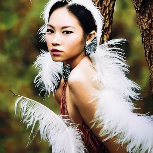 Prompt: portrait of asian princess bird sitting on the tree brunch, fashion photography, dress with feathers, jewellery, beautiful face, elegant, stylish, cool, deep gaze, emotionally touching, tenderness, high quality, photo realistic, work in the style of annie leibowitz