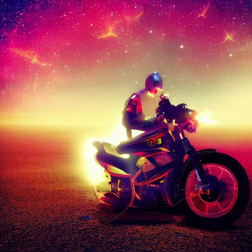 Image similar to a motorcycle floating in space inside magic colorful glowing sparkling fog, starry sky, tranquil, desolate, atmospheric, hazy, autochrome, 8k, photo, octane render, unreal engine 5