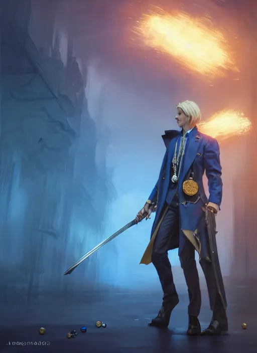 Image similar to blonde man in a blue suit with medals on it wielding a sword and pistol, fantasy, digital painting, d & d, character by artgerm and ruan jia, landscape by greg rutkowski, volumetric light, intricate, sharp, focus, bloom, illustration, highly detailed, concept art, masterpiece