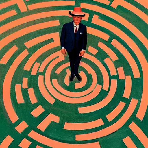 Prompt: A suited man in a hat, standing in the middle of a circular head-shaped maze labyrinth, overhead shot, wide shot, painting, stylistic, art by Norman Rockwell