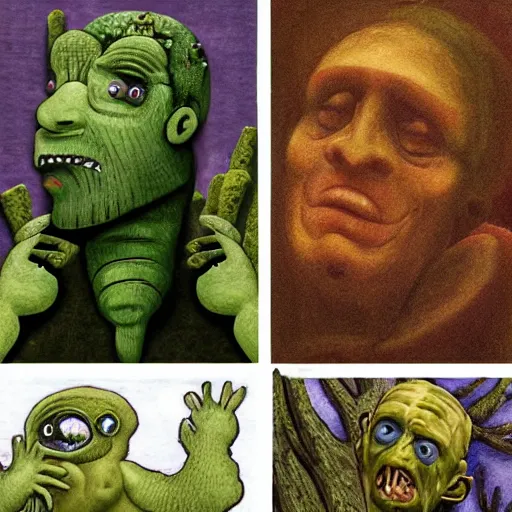 Prompt: The photograph features a group of monsters who live in a castle and have to deal with Frankenstein's monster. CCTV, lime green by Paula Modersohn-Becker, by Maria Sibylla Merian subtle, peaceful