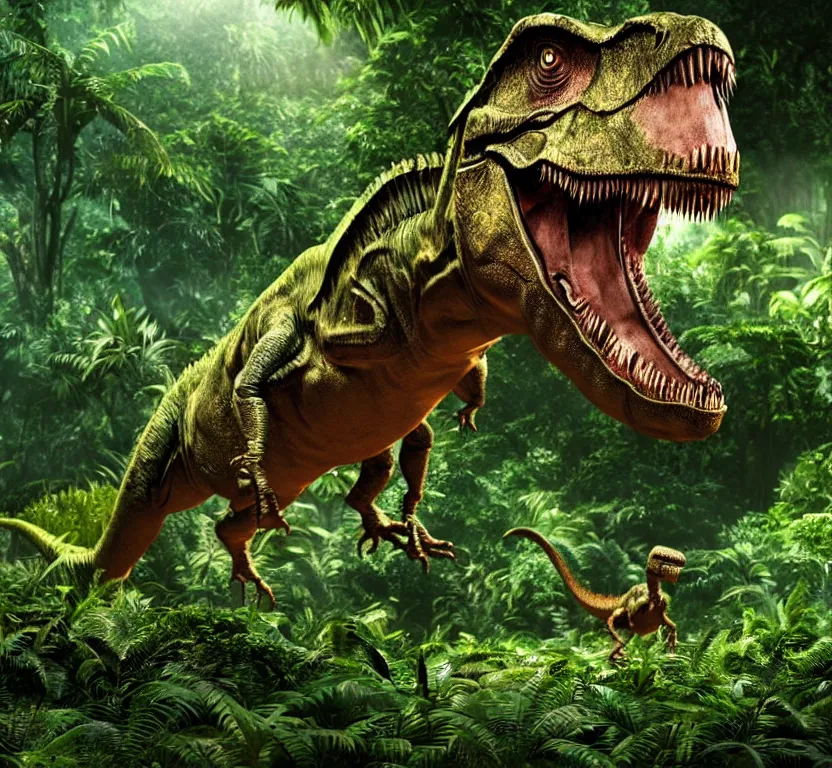 Prompt: jurassic park scene of t - rex dinosaur eating leaves from a tree branch in a vibrant mesozoic era jungle, illumination, detail, cinematic lighting, 4 k, jurassic world, vray render