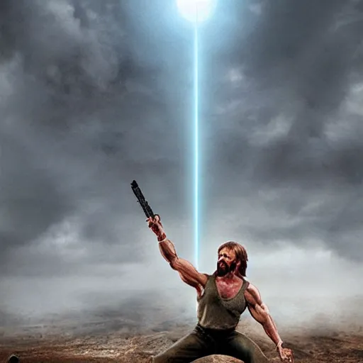 Image similar to chuck norris as a god, weta hyperrealism cinematic lighting and composition