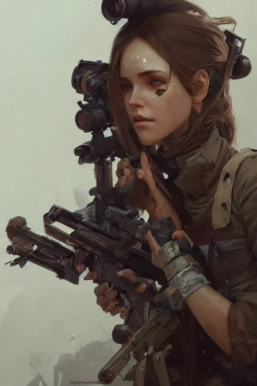 Image similar to A full portrait of a beautiful post apocalyptic elite sniper, intricate, elegant, highly detailed, digital painting, artstation, concept art, smooth, sharp focus, illustration, art by Krenz Cushart and Artem Demura and alphonse mucha