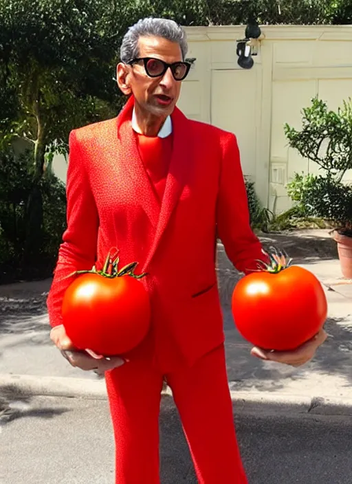 Image similar to jeff goldblum dressed up in a tomato costume