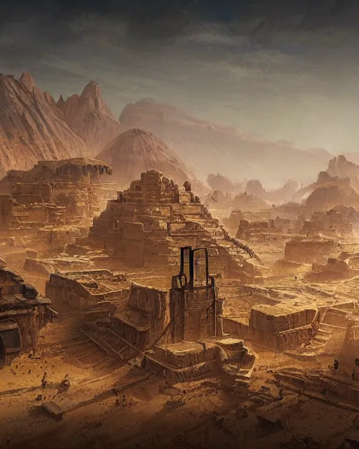 Image similar to the ivore fields, city of sand, a trading center used by the ancient tribes, dangerous place, environment art, fantasy art, landscape art, in the style of greg rutkowski, illustration, epic, fantasy, intricate, hyper detailed, artstation, concept art, smooth, sharp focus, ray tracing