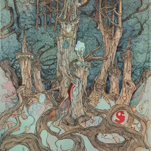 Image similar to james jean watercolor of a haunted castle in the woods, set an the end of a winding road