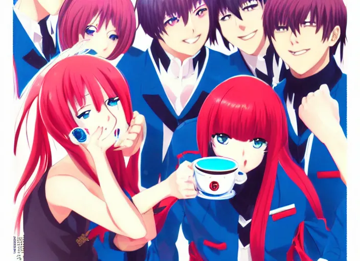 Image similar to anime KOF Kula Diamond drinking coffee, Karolis Strautniekas,omoide emanon, tsuruta kenji, murata range,kawaii, kyoto animation, manga, intricate, detailed, studio lighting, blue red black, gradation,editorial illustration, matte print, Ilya Kuvshinov