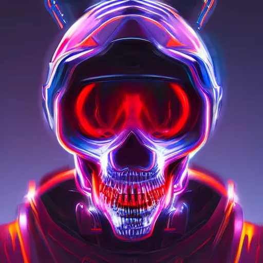 Prompt: centered front face hyperdetailed portrait of a mecha skull ronin wearing hoodie, 8k, digital painting, futuristic, black neon lights, trending on CG society