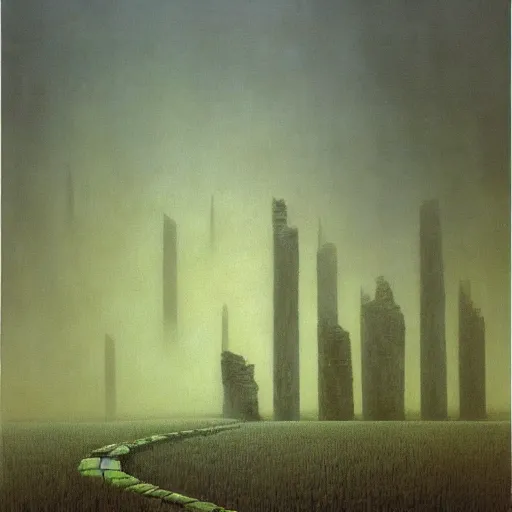 Prompt: arm reaching out of thick fog, symetrical rows of tall stone columns in the far background, intricate zdzislaw beksinski