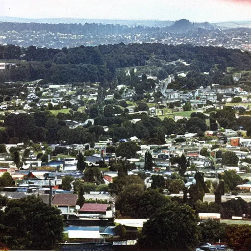 Image similar to this photograph was taken around the new year of 1 9 7 0. the view is over the suburb of epsom. in the right distance is cornwall park, greenlane hospital, and then maungakiekie / one tree hill. from a found kodachrome slide.