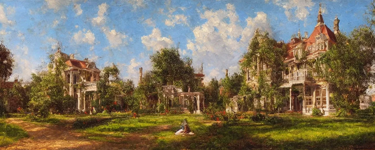 Image similar to a highly detailed oil painting of a house from the 1880s surrounded by a beautiful garden, a view from ground level: elegant, ornate, daytime. this is a beautifully lit scene.