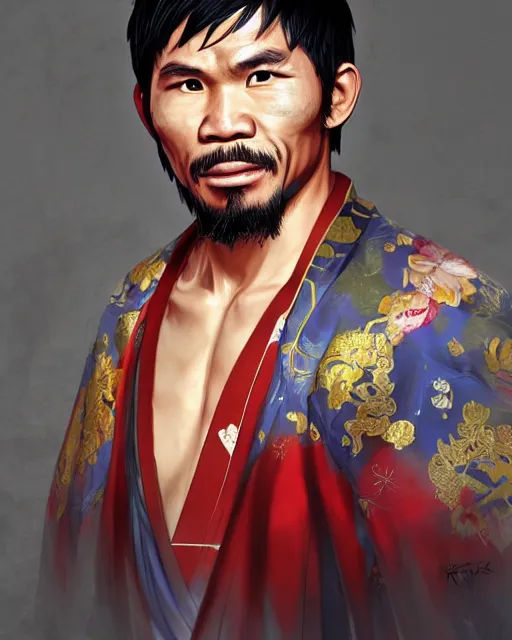 Image similar to an anime portrait of manny pacquiao as a beautiful man wearing a kimono from skyrim, by stanley artgerm lau, wlop, rossdraws, james jean, andrei riabovitchev, marc simonetti, and sakimichan, trending on artstation