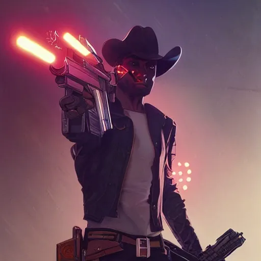 Image similar to a cyber cowboy holding a blaster, full-body shot, digital painting, smooth, elegant, hd, art by WLOP and Artgerm and Greg Rutkowski and Alphonse Mucha