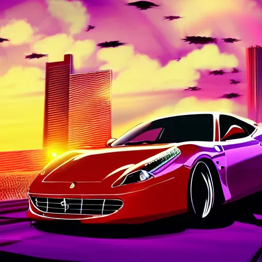Prompt: two cool rats in a ferrari, cruising the city streets at night. purple sunset in the background, digital clouds. 8 k highly detailed digital synthwave art