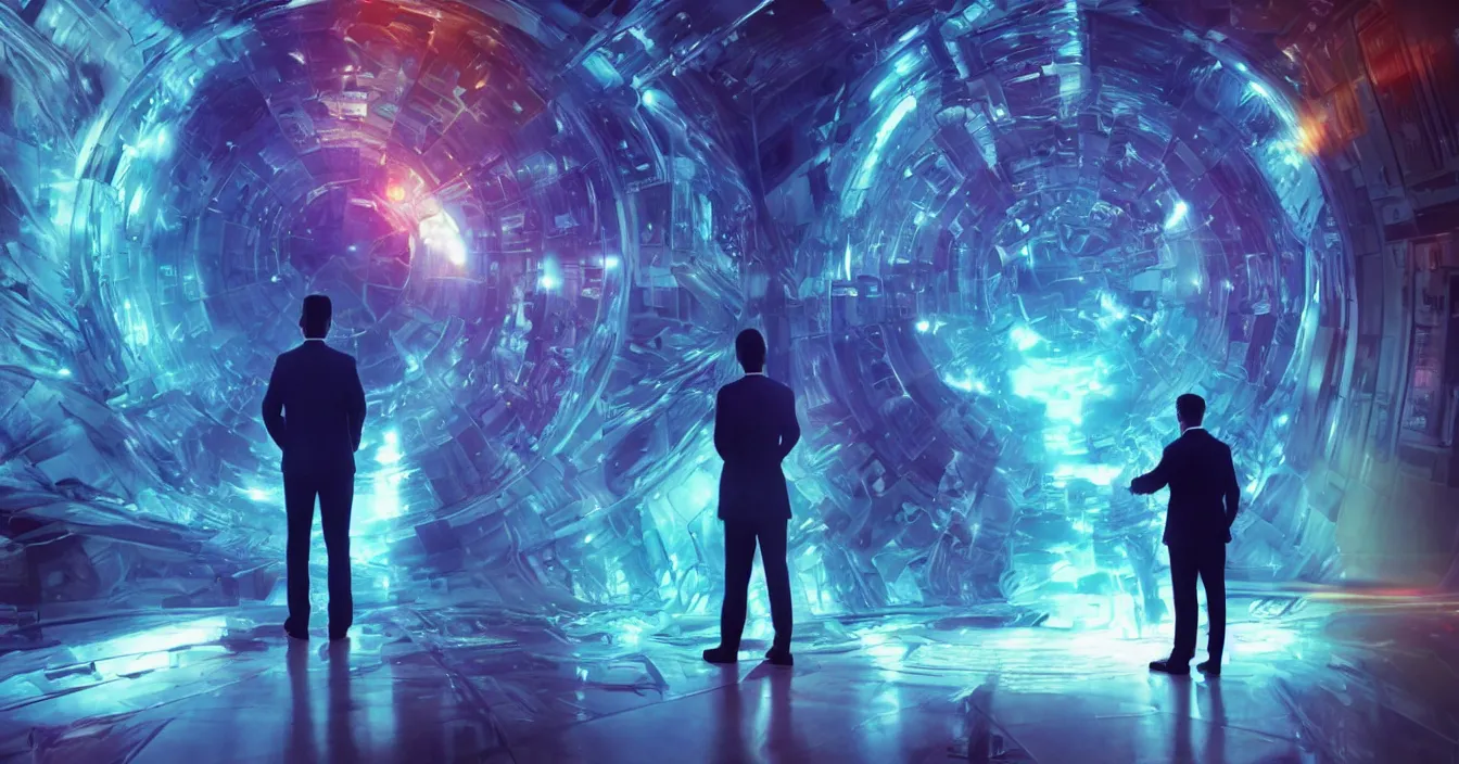 Prompt: realistic poster from scifi movie with portrait of old scientist standing in front glass refractive statue of colorful tesseract, difraction of light, image full of reflections, volumetric light, dramatic atmosphere, cinematic composition, satisfied pose, deep depth, defocus, rendered in vray, raytracing, raymarching