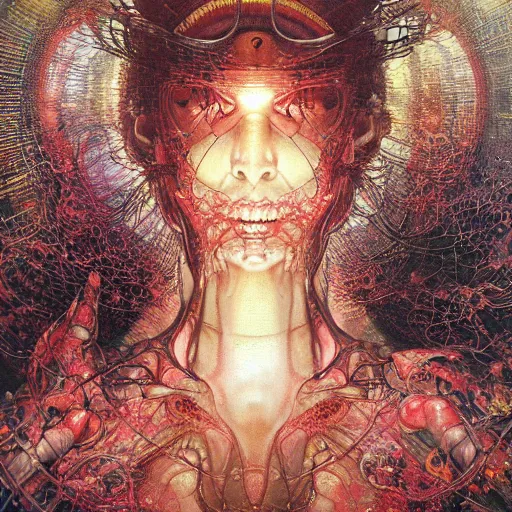 Prompt: realistic detailed image of a sentient artificial intelligence by Ayami Kojima, Amano, Karol Bak, Greg Hildebrandt, and Mark Brooks, Neo-Gothic, gothic, rich deep colors. Beksinski painting, part by Adrian Ghenie and Gerhard Richter. art by Takato Yamamoto. masterpiece