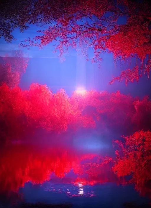 Image similar to photography at night of an ethereal red pond, a central sunlight glare, mystical lights, cyber futuristic lights in the sky, masterpiece, epic, cinematic, hyperealistic photo, high detailed, flashlight at night