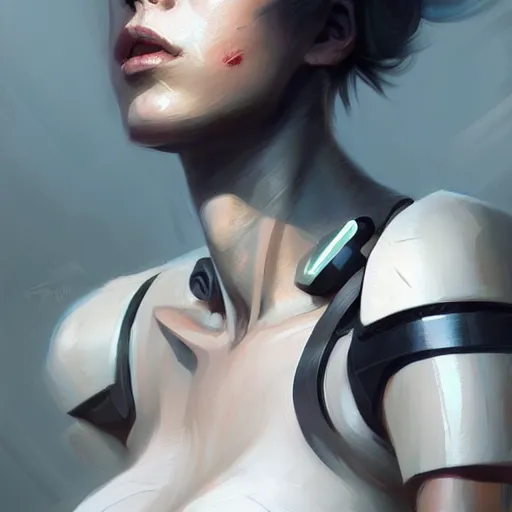 Image similar to portrait of a female cyborg by greg rutkowski, she is about 3 0 years old, white bob hair, she is wearing a black tank top, highly detailed portrait, digital painting, artstation, concept art, smooth, sharp foccus ilustration, artstation hq