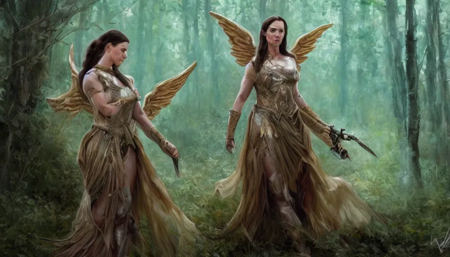 Image similar to A beautiful detailed painting of jennifer connelly as a female angel warrior in a magical forest by john sargent and Kalin Popov , Trending on artstation HD.