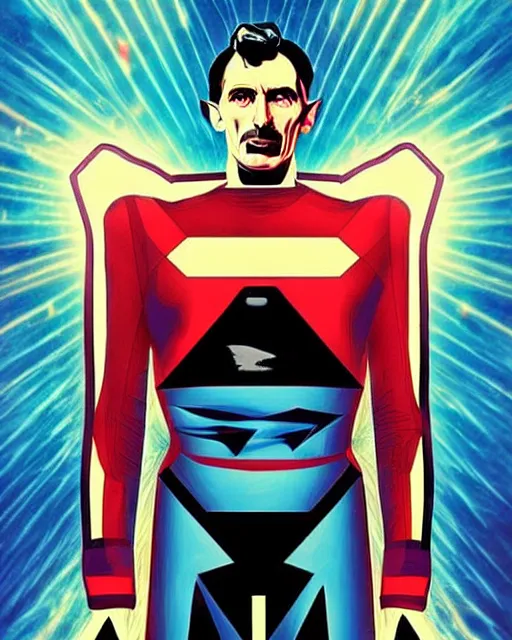 Prompt: Nikola Tesla as a superhero with electric superpowers, Tesla logo on chest, epic and stunning character design, dramatic pose, deep in thought, retro comic book cover art, by MARVEL Comics and Sandra Chevrier and WLOP