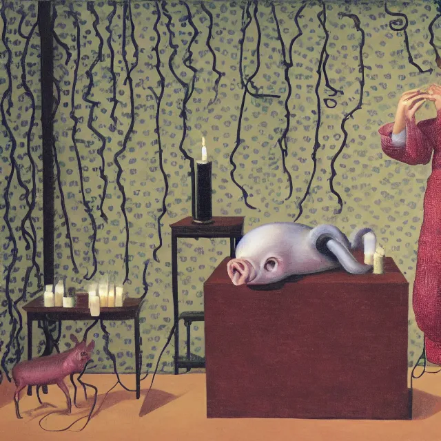 Image similar to a female pathology student in her apartment, wrapped in vines, medical equipment, candles, octopus, first aid kit, pig, black walls, ikebana, black armchair, sculpture, acrylic on canvas, surrealist, by magritte and monet