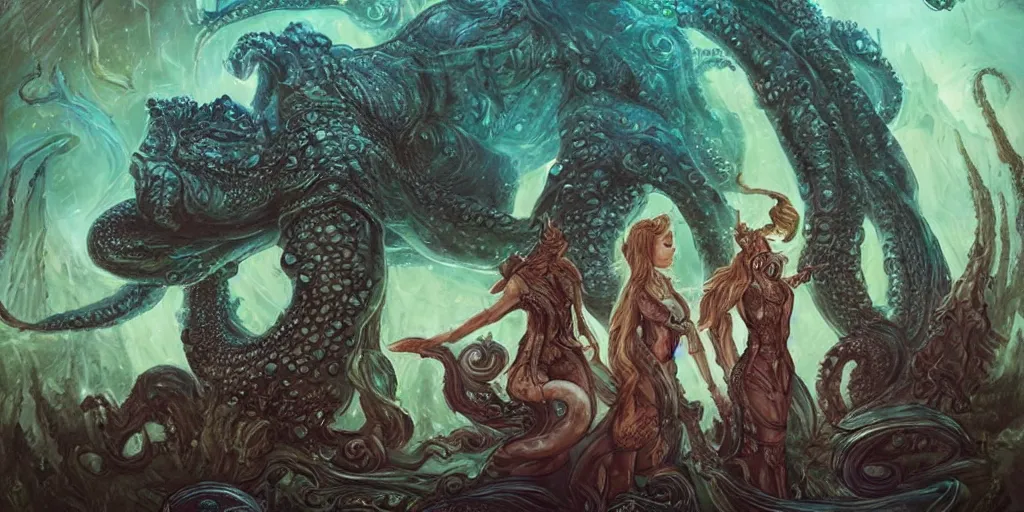 Prompt: A fantasy fairytale story telling style portrait painting, encephalopod, cephalopod kaiju & Cthulhu Squid attack, Great Leviathan Turtle, Mythic Island at the center of the Universe, accompanying hybrid, Cory Chase, Blake Lively, Anya_Taylor-Joy, Grace Moretz, Halle Berry, Mystical Valkyrie, Anubis-Reptilian, Atlantean Warrior, intense smoldering, soul penetrating invasive eyes. fantasy atmospheric lighting, digital painting, hyperrealistic, François Boucher, Oil Painting, Cozy, hot springs hidden Cave, candlelight, natural light, lush plants and flowers, smooth cave rock, visually crisp & clear, Volumetric Golden dappled dynamic lighting, Regal, Refined, elegant, Spectacular Rocky Mountains, bright clouds, luminous stellar sky, outer worlds, cognitive Coherence cohesion character illustration, photorealistic, Vivarium, Theophanic atmosphere, michael whelan, William-Adolphe Bouguereau, Michael Cheval, Crisp clear hd resolution, Digital Art, RPG portrait, Steampunk, hyperdetailed, artstation, cgsociety, Highly Detailed, Cinematic Lighting, HD resolution, unreal 5, DAZ, hyperreality, octane render, Unreal Engine, 8k, HD