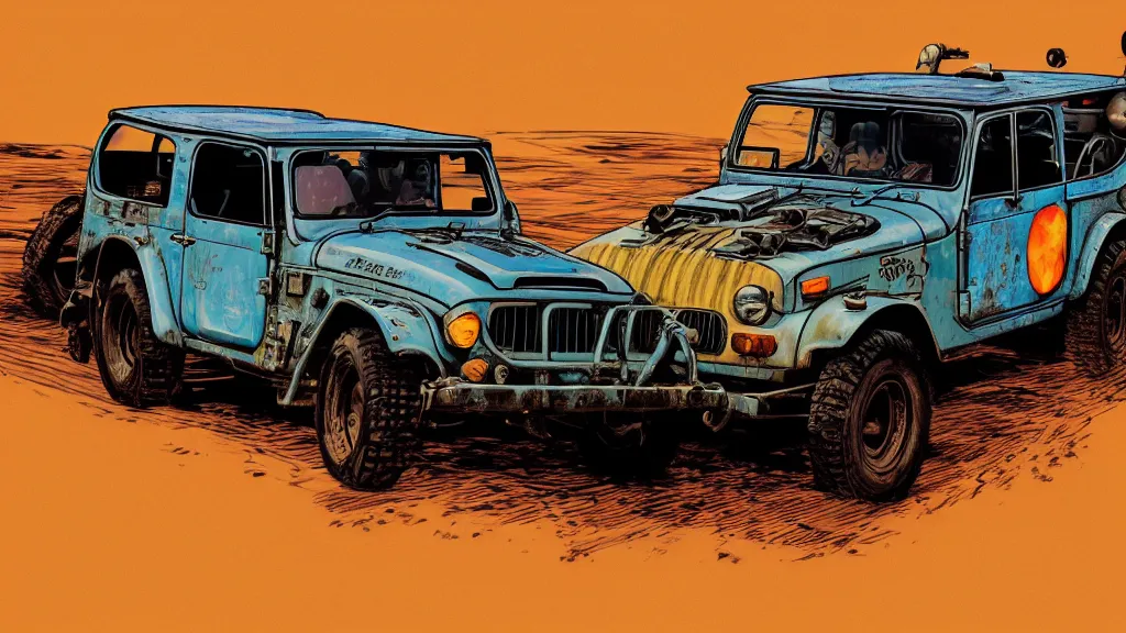 Prompt: illustration of mad max's fj 4 0 pursuit special, the last v 8 interceptor driving down to the gates of valhalla highway, riding fury road eternal shiny and chrome, world of fire and blood, by makoto shinkai, ilya kuvshinov, lois van baarle, rossdraws, basquiat, studio ghibli, global illumination ray tracing hdr