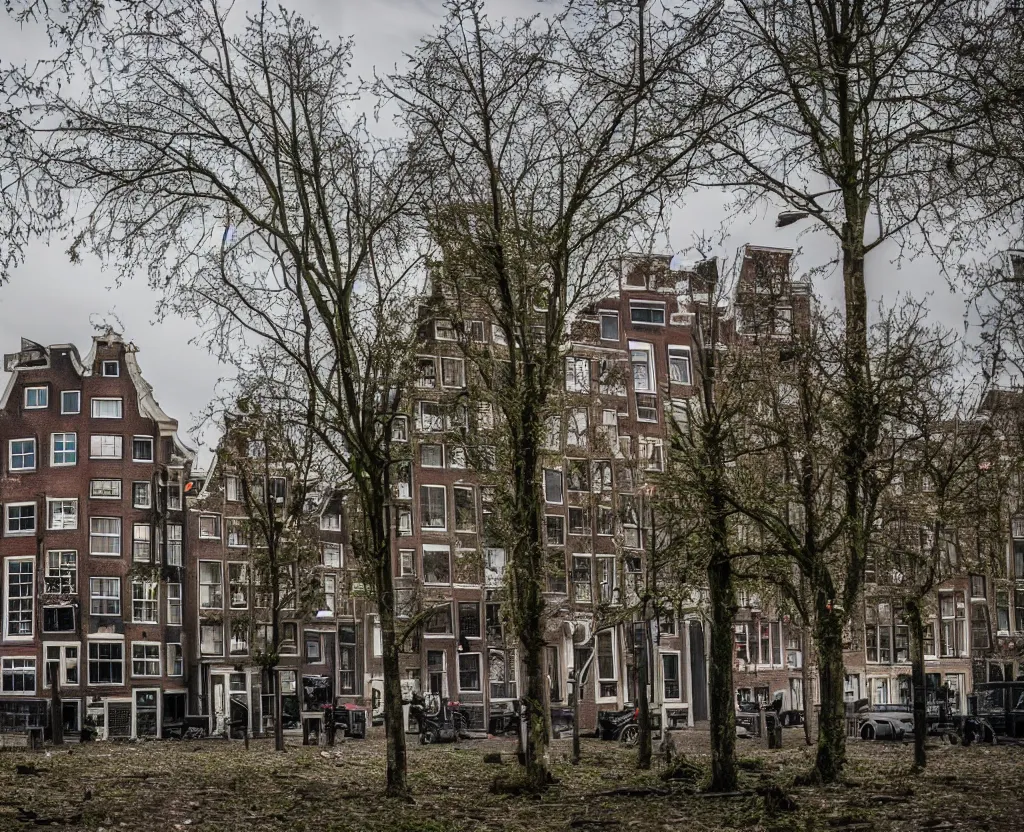 Prompt: photo of a post apocalyptic scene of amsterdam, the netherlands, buildings are overgrown, taken with a wide lens
