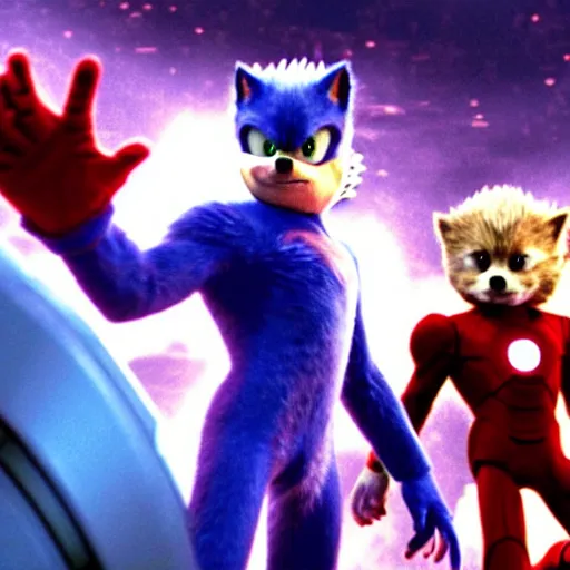 Prompt: The famous scene in the Avengers when Sonic the Hedgehog finally arrived to the fight and beat Thanos, movie sonic, extremely detailed with lots of background explosions and effects, grinning, wearing red gloves, 4k, 8k, HDR, purple lighting that highlights Sonic's fur