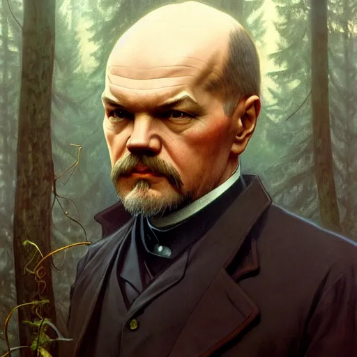 Image similar to photo of vladimir lenin is an octopus in the forest, highly detailed, digital painting, artstation, smooth, sharp focus, illustration, art by artgerm and greg rutkowski and alphonse mucha