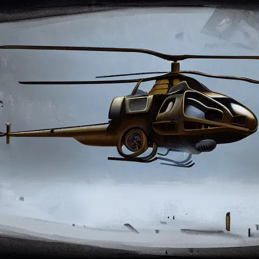 Prompt: helicopter made out of scrap, in snowstorm, apocalyptic, artstation