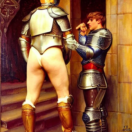 Image similar to attractive arthur pendragon confesses his love for his attractive male knight. highly detailed painting by gaston bussiere and j. c. leyendecker 8 k