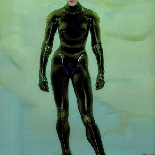 Prompt: masterpiece full body portrait of Ripley with a perfect body, translucent plastic suit, on Dune, by Edgar Maxence and Ross Tran and Michael Whelan and Gustav Klimpt