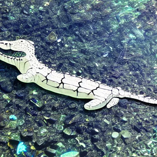 Image similar to a transparent, aluminum, alligator in the water with Skylar