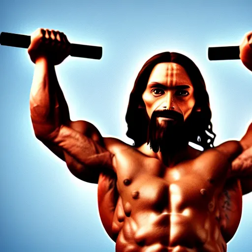 Image similar to Jesus lifting weights in gym, photorealistic, 4K