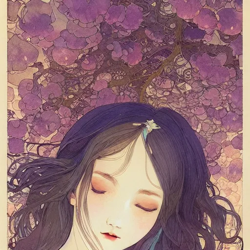 Image similar to a beautiful intricate watercolor illustration of a sleeping cute girl, 4 k, ultra - wide angle, by william turner, by victo ngai, by alphonse mucha, by miho hirano, by moebius, hd, trending on artstation, hyper detailed, muted intense colors