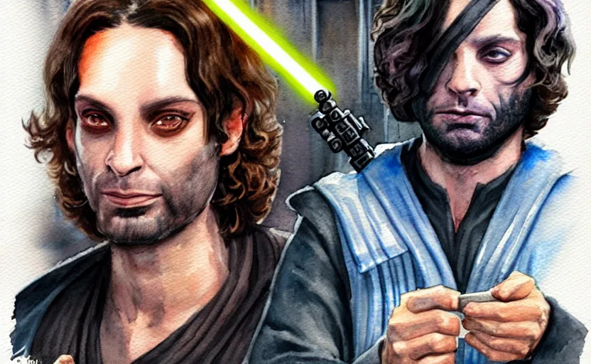 Image similar to an accurate realistic star wars watercolor fantasy concept art of a drug dealer that looks like chris d'elia looking crazy in a sleazy futuristic bar of coruscant, hq, 4 k