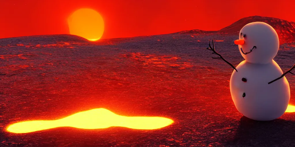 Image similar to a melting snowman standing on top of the sun. the ground is made of fire and lava and is glowing orange. cinematic, dramatic, epic, volumetric lighting, atmospheric, red, orange extremely coherent, 8 k, space