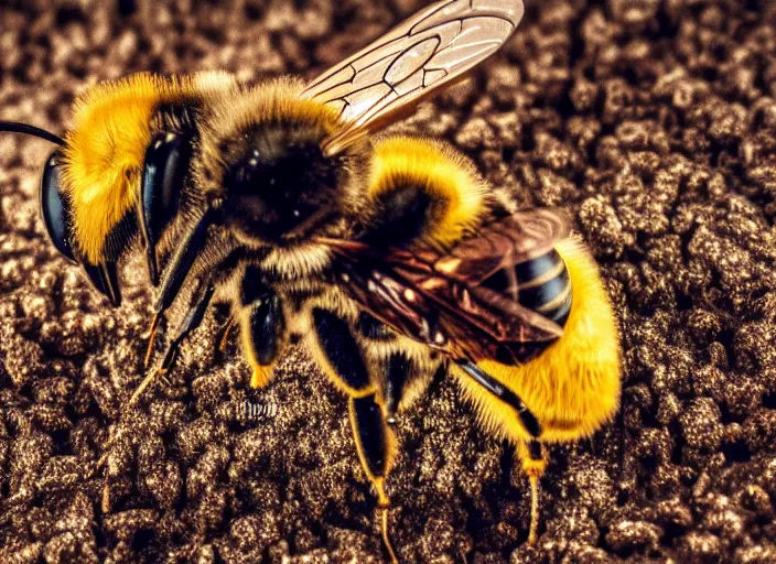 Image similar to super macro of a mechatronic bee drinking from a flower in the forest. fantasy magic cyberpunk style. highly detailed 8 k. intricate. nikon d 8 5 0 3 0 0 mm. award winning photography.