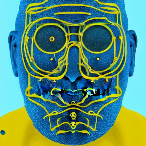 Image similar to human man that resembles a wasp morh in surreal sketch style, blue and yellow gradient, noise, ultrafine detail, hd 8k, logo illustration