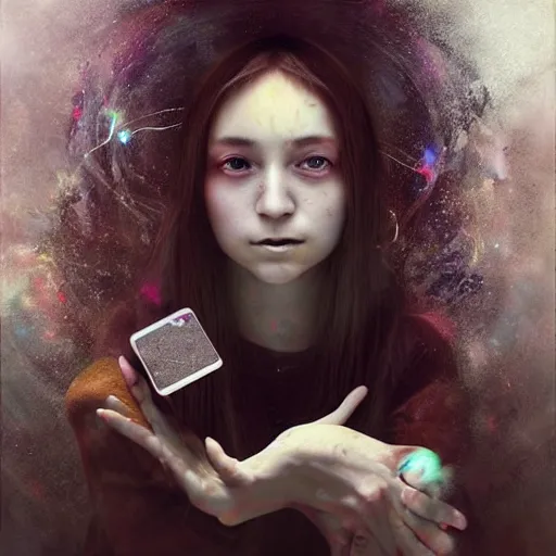 Prompt: A painting. A rip in spacetime. Did this device in her hand open a portal to another dimension or reality?! by Ryohei Hase, by Reylia Slaby precise