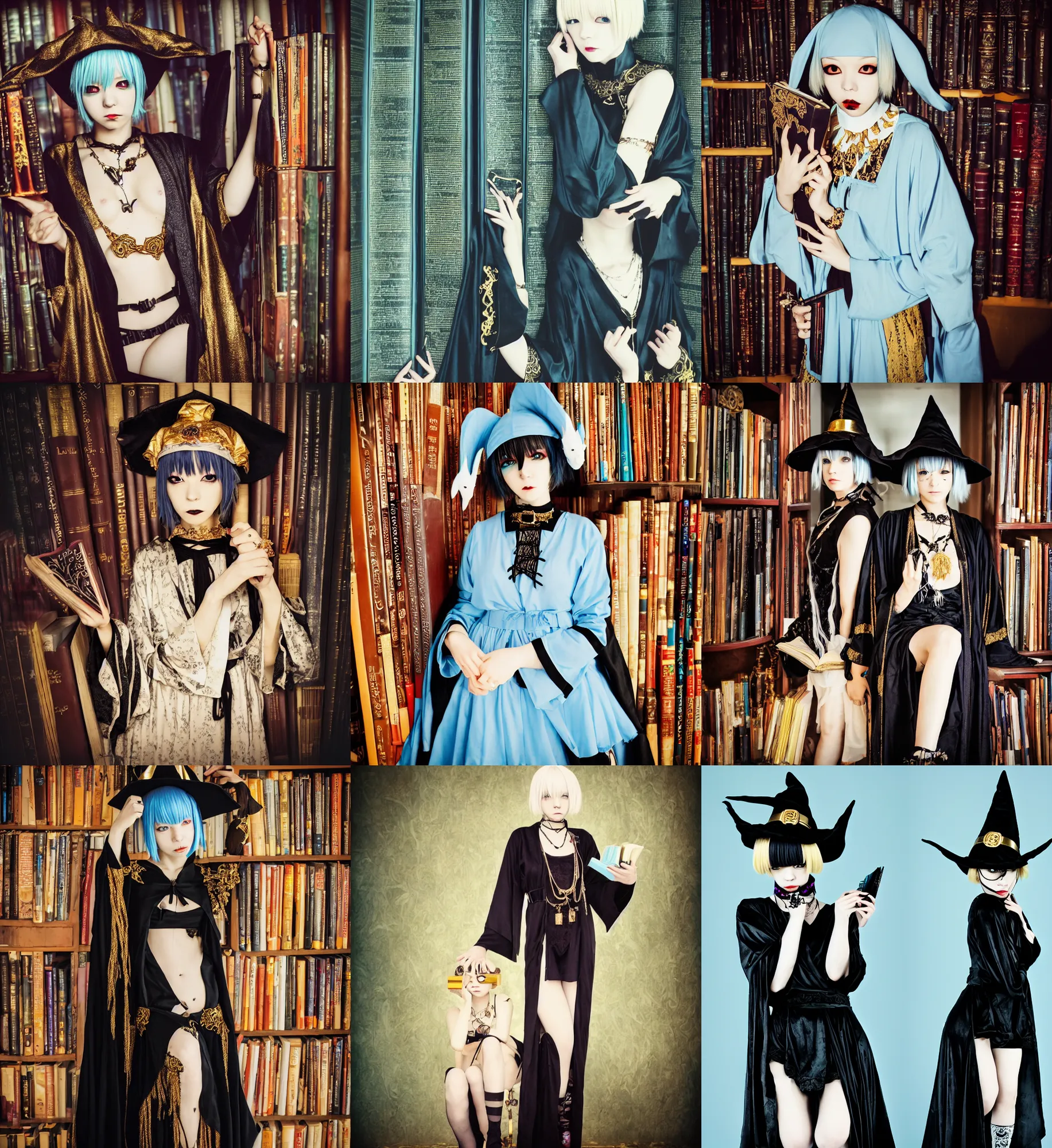 Prompt: lomography, full body portrait photo of women like reol holding dressed like witches in a library, open books, wearing an ornate robe, choker, and witch hat, moody, realistic, dark, skin tinted a warm tone, light blue filter, hdr, rounded eyes, detailed facial features, gold black