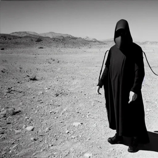 Image similar to a man wearing a long cloak and gasmask, in the desert, film still, arriflex 35