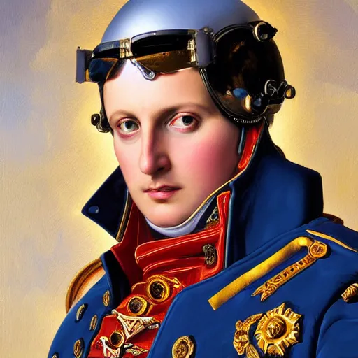 Prompt: portrait of divine emperor napoleon bonaparte as maverick in top gun, handsome, jet pilot, visor, dieselpunk steampunk napoleonic french baroque, metal shoulder pauldrons, intricate, highly detailed, digital painting, artstation, concept art, sharp focus, cinematic lighting, illustration, art by artgerm and greg rutkowski, alphonse mucha, cgsociety