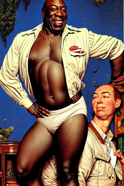 Image similar to michael clarke duncan by gil elvgren and norman rockwell and rob gonsalves and hajime sorayama, hyperrealistic, high detail, ultra detailed, highly detailed face, ruffled fabric