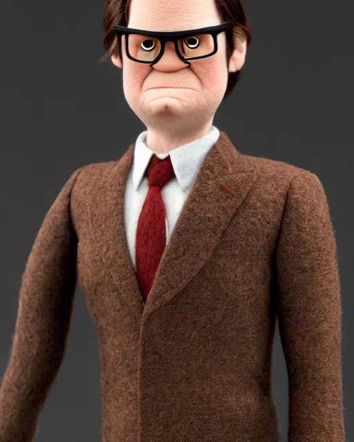 Image similar to dwight schrute with brown suit as a muppet. highly detailed felt. hyper real photo. 4 k.