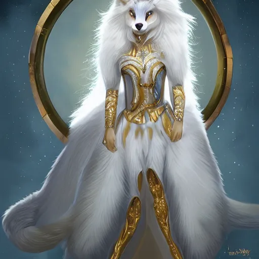 Prompt: commissioned full body portrait of a female anthro furry wolf headed princess fursona with white hair wearing a white and gold armored dress in a white and gold palace, by Wlop and jerry park, artstation, extremely detailed